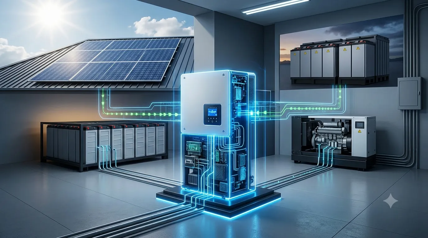 Hybrid solar inverter and battery bank installed in a utility room