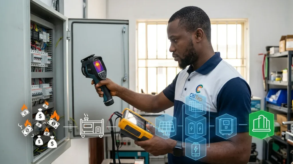Technician pricing out a residential solar panel system in Nigeria